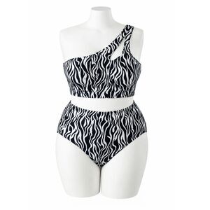 Eloquii Zebra Bikini One Shoulder Built-in Sports Bra Plus Size 24 Black White